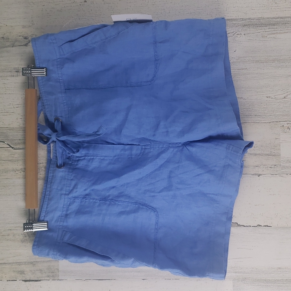 Sigrid Olsen 100% linen cornflower blue shorts pockets drawstring Size 14